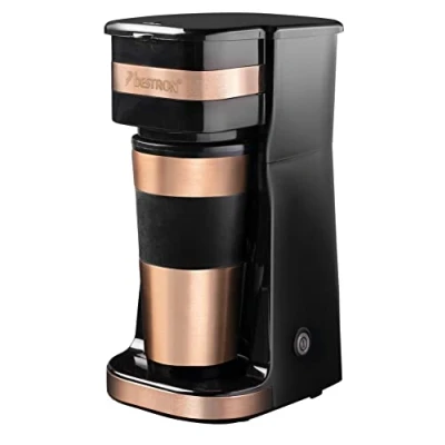Imagen de Bestron Cafetera, Cafetera goteo con taza aislada, para café de filtro molido, 2 tazas grandes, 750 vatios, acero inoxidable, 0,42 litros, color: cobre
