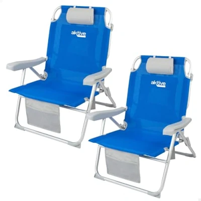 Imagen de AKTIVE Pack de 2 sillas Plegables XXL multiposición para Playa, jardín, terraza o Camping, 5 Posiciones, 53x66x86 cm, Incluye Bolsillos, Topes antivuelco, Soporta 110 kg, Asas Transporte (85483)