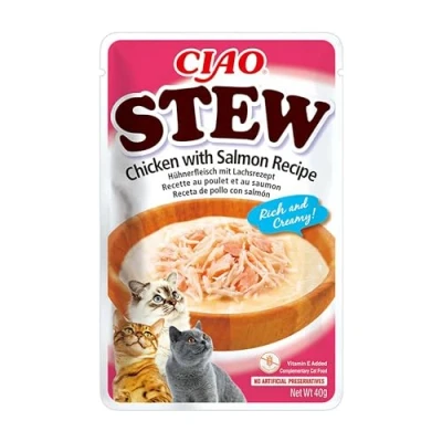 Imagen de INABA Churu Stew Guiso para Gatos Snacks Receta Pollo/Salmón Premios Ricos y Cremosos Sin Cereales, Conservantes, Colorantes Pocas Calorías 40g