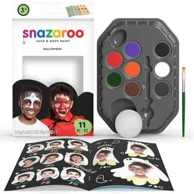 Imagen de Snazaroo Set de pintura facial &quot;Halloween&quot;, para niños y adultos, 8 colores, 1 pincel, esponja, guía, base agua, maquillaje pintacaras, aguacolor