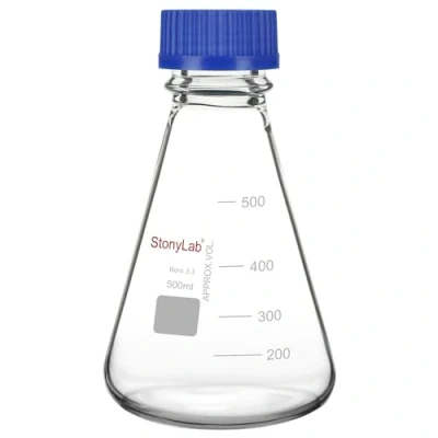Imagen de stonylab Matraz Erlenmeyer con Tapa de Rosca Azul, Cónico Vidrio Borosilicato Graduado para Laboratorio, 500 ml