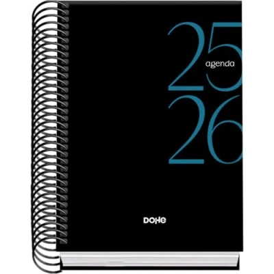 Imagen de Dohe Agenda Escolar 2025 2026 Día Página, Tamaño A6 (12x17 cm), Español e Inglés, Septiembre a Junio, Cierre de Espiral, Tapa Dura SYSTEM Negro