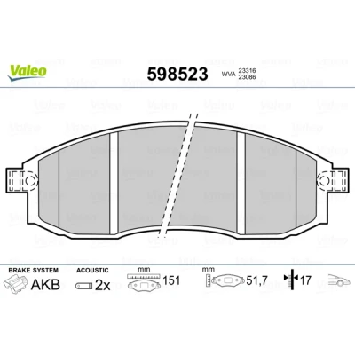 Imagen de VALEO 598523 Juego de pastillas freno Eje delantero con contacto avisador desgaste sin chapa antichirridos MITSUBISHI: L200 III Pick up