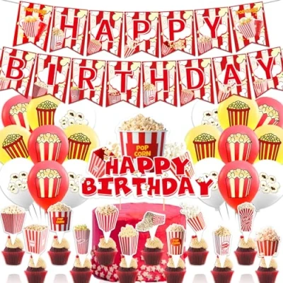Imagen de Decoraciones de palomitas maíz, accesorios fiesta cumpleaños, incluye pancarta cupcakes, decoración para tartas, globos