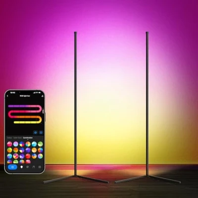Imagen de LuminexDesigns 2 Piezas Lámparas de Pie LED Regulables 150cm Desmontables Negras con RGBIC 16 Millones Colores, Modo Música, Temporizador y 300 Modos Escena