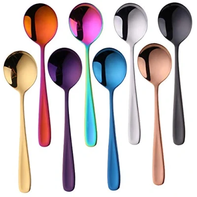 Imagen de Do Buy 8 Colores Cucharas de Postre Acero Inoxidable Sopa Pastel Cuchara Redonda Cena Vajilla