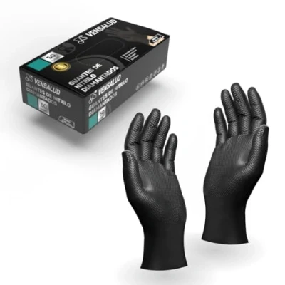 Imagen de VENSALUD Guantes de Nitrilo Diamantados Extra Fuertes y Resistentes Para Talleres Mecánicos, Jardinería, Cocina, Montajes, Veterinaria, Limpieza Sin Látex 50 uds. Negro S