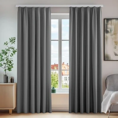 Imagen de Deconovo Cortinas térmicas Opacas con Cinta Fruncida, 260 x 140 cm (Altura Ancho), Color Gris Claro