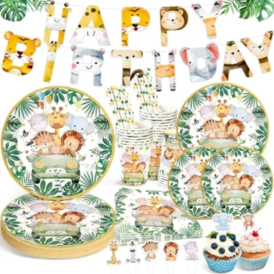 Imagen de Ophy Juego de Vajilla para Fiesta Safari, 134 Piezas Niños con Pancarta Cumpleaños Animales Platos Papel Servilletas, Decoraciones Set 25 Invitados