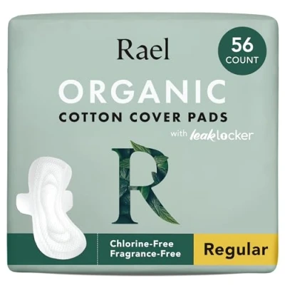Imagen de Rael compresas para mujer, funda de algodón cellulose orgánico, cuidado femenino, sanitarias con alas, absorción regular, sin perfume, ultrafinas (regulares, 56 unidades)