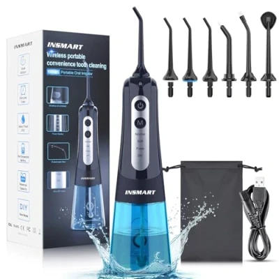 Imagen de Irrigador Bucal Portatil, INSMART Dental Inalámbrico Portatil Profesional 6 Boquillas 4 Modos, Para el Hogar y los Viajes, IPX7 Impermeable, 300ML USB Recargable Limpieza Dientes