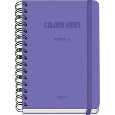 Imagen de Dohe Agenda Escolar 2025 2026 Semana Vista, Tamaño A5 (15x21 cm), Español e Inglés, Cierre de Espiral Doble y Goma, Tapa Dura, 4 Páginas Pegatinas COLOUR VIBES Morado