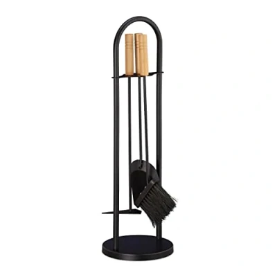 Imagen de Relaxdays Kit Moderno para Chimenea, Cuatro Accesorios, Pala, Cepillo, Atizador &amp; Soporte, Negro, Madera