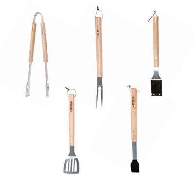 Imagen de Fackelmann Set de Utensilios Barbacoa Kit Pinzas, Tenedor, Cepillo, Paleta y Pincel especiales para Barbacoa, Mango Madera Parte Funcional Acero.