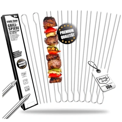 Imagen de com four® 10x Pinchos para Barbacoa con Mango 30 cm pincho Doble de Acero Inoxidable 430 shashlik púas Dobles Fijar Carne (10 Piezas ovaladas Inoxidable)