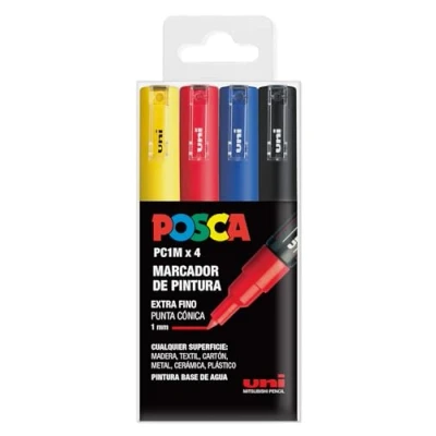 Imagen de UNI Posca Estuche de 4 Rotuladores PC1M Punta Cónica Extra Fina Colores Básicos