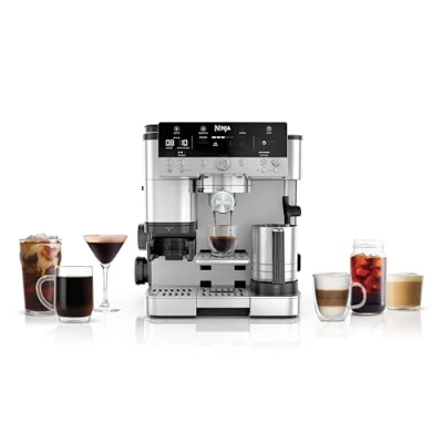 Imagen de Ninja Luxe Premier Cafetera 3 en 1 para latte, cappuccino, cold brew y espresso con molinillo espumador de leche integrados, fácil usar 4 preajustes automáticos espuma, plata, ES601EU