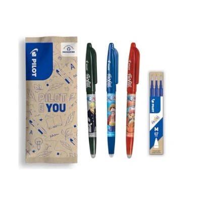 Imagen de PILOT x One Piece Caja de 3 Frixion Ball, Negro, Azul, Rojo + 1 Set Recambios Azules 4 Stickers Bolígrafos Borrables Edición Limitada Rollerball recargables Punta Media
