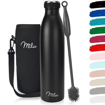Imagen de Milu Termo Botella de Agua 500ml, 750ml, 1l Acero Inoxidable Aislamiento Vacío Doble Pared Libre BPA (Negro, 1000ml)
