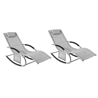Imagen de SoBuy Set de 2 Tumbonas Mecedora con Almohada y Bolsillo Lateral Estructura Hierro Malla Transpirable Teslin soporta hasta 150 kg Gris OGS28 HGx2 ES