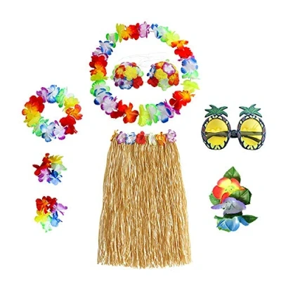 Imagen de Hawaiana Falda,Falda de Hierba Hula 8 Piezas Disfraces Falda con Collar Pulsera Diadema Sujetador Flor Clip Pelo y Gafas Sol Piña para Niñas Mujeres Luau Beach Party