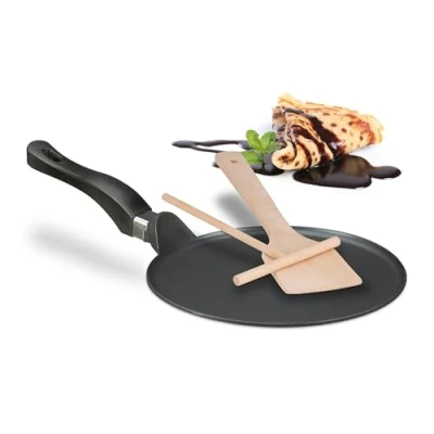 Imagen de Relaxdays Sartén para Crepes con Esparcidor de Masa y Espátula Madera, Apta Inducción, Aluminio, Ø 25 cm, Negro