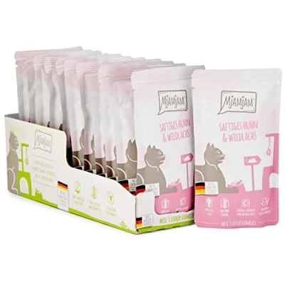 Imagen de MjAMjAM comida húmeda premium para gatos Pollo jugoso y salmón salvaje, pack de 12 (12 x 125 g), sin cereales con extra carne