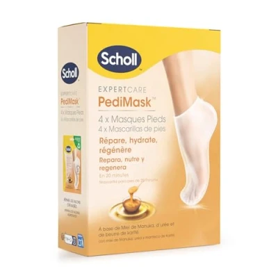 Imagen de Scholl Mascarilla para Pies ExpertCare Pack de 4 pares más suaves y lisos en 1 uso Hidratación intensa con miel Manuka, urea manteca karité Hidrata repara la piel seca