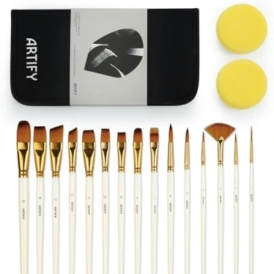 Imagen de Artify Juego 15 brochas de Pintura Nailon para acrílico, Aceite, Acuarela y Gouache niños Adultos, Principiante Profesional, Redondo, ángulo, Plano, filbet, Forma Abanico