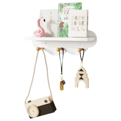 Imagen de WOLTU Estante Flotante Nube, Estanteria Pared para Niños, de Blanco con Ganchos, Decoración Nube Habitación Infantil, MDF E1, 36x20,5x12 cm