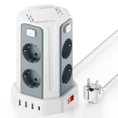 Imagen de 2M Torre Regletas Enchufes, Regleta USB 8 Tomas de AC Corrientes y 4 USB, 2500W/10A, Regreltas Vertical con Interruptor para Mesa, Oficia, Casa……