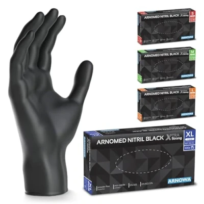 Imagen de ARNOMED guantes nitrilo extra fuerte talla XL, de 50% más gruesos, negro,100 uds/caja, sin polvo, látex, S, M, L y desechables
