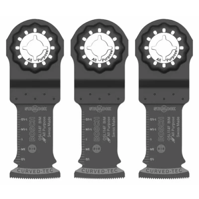 Imagen de BOSCH OSL114F 3 Juego de cuchillas oscilantes 1 1/4 pulgadas Starlock multiherramienta multiuso bimetálicas para aplicaciones en madera, madera con clavos, yeso, PVC, metal (clavos y grapas)