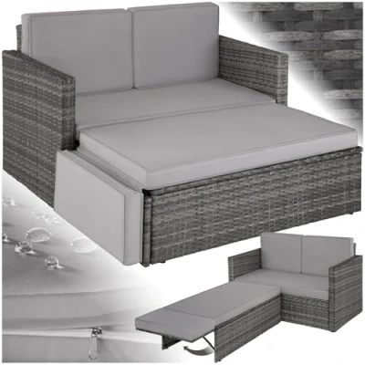Imagen de TecTake® Sofá de Ratán con Taburete Reposapiés, Conjunto Jardín Sillón 2 Plazas, Mueble Exterior Cojines Gruesos, Terraza Resistente a la Intemperie y Estructura en Acero Gris
