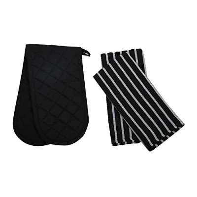 Imagen de Penguin Home Algodón Guante de Horno &amp; Paño té Juego 3 Piezas, Negro, 3156
