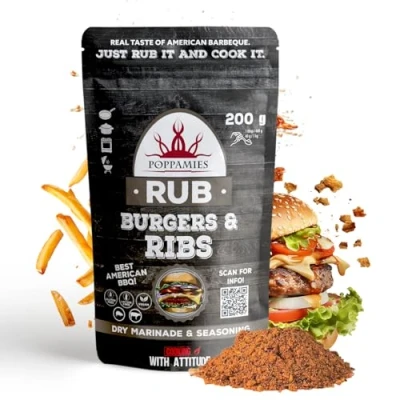Imagen de Poppamies Rub para Hamburguesas y Costillas BBQ Sazonador 100% Natural Marinada Seca Perfecto Carne de Res Cerdo Ideal la Parrilla Horno Gran Pack (200g)
