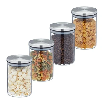 Imagen de Relaxdays 750 ml Botes Cristal, Set 4, Recipientes Cocina, Tapa Acero Inoxidable, Tarros Herméticos, Transparente/Plata, Silicona