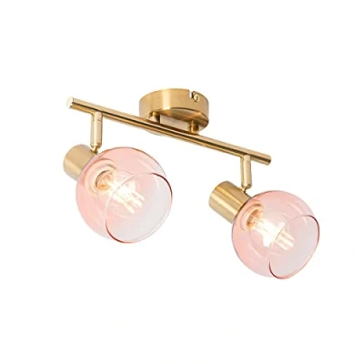 Imagen de QAZQA Art Déco Foco Deco dorado con cristal rosa 2 luces Vidro Acero/Alargada Adecuado para LED Max. x 25 Watt