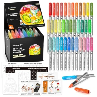 Imagen de Shuttle Art Rotuladores Acrilicos con Tinta de Control Automático, 48 Colores Punta Pincel, Acrylic Markers para Niño Adulto, Pintar Piedras Plástico Vidrio DIY
