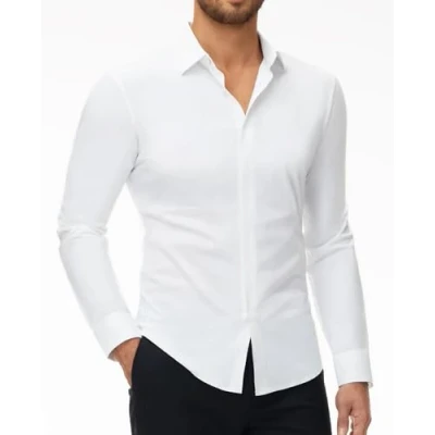Imagen de DEMEANOR camisa elástica de manga larga para hombre, corte ajustado, negocios, sin planchado, informal café, L