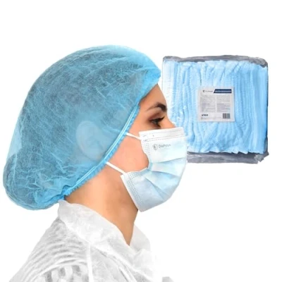 Imagen de 100 Gorros desechables no tejidos, doble elásticos y antipolvo, OneProtek Gorro desechable 53 cm para el cabello, médicos, servicio de comida, dentistas, laboratorios Resistente Azul