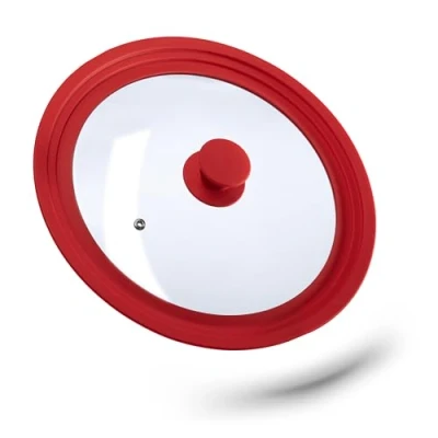Imagen de Relaxdays 10027989_47 Tapa Sartén Universal, Tapadera Olla, 26 30 cm, Práctica, Borde de Silicona, Cristal, 1 Ud, 5x31,5 Rojo