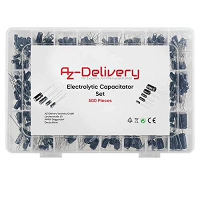 Imagen de AZDelivery Elko Surtido Condensador Electrolitico de Aluminio 24 valores 500 Piezas 0,1uF 1000uF con Caja Almacenamiento Compatible Arduino E Book Incluido!