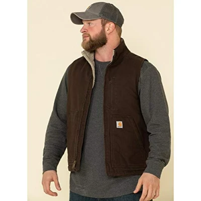 Imagen de Carhartt Loose Fit Washed Duck Sherpa Lined Mock Neck Vest Ropa de Abrigo Trabajo, Marrón Oscuro, Small Hombres