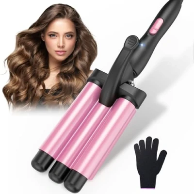 Imagen de Rizador de 3 barriles Beach Waves hierro ondulado calentamiento rápido ajustable para cabello largo y corto, rosa