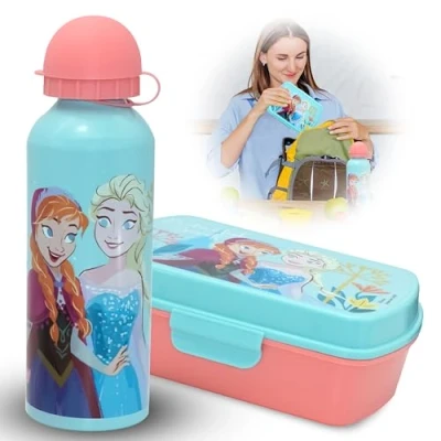 Imagen de SRV Hub 2 fiambreras infantiles de Frozen con botella agua y bebidas, aluminio 500 ml, juego almuerzo sin BPA, apta para lavavajillas, niños a partir 3 años, FR50009