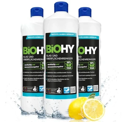 Imagen de BiOHY Limpia cristales y superficies (3 botellas de 1 litro) Concentrado para uso aparatos suelos duros Olor agradable limpieza sin rayas (Oberflächenreiniger)
