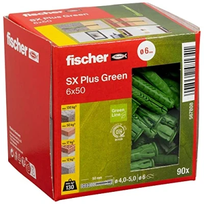Imagen de fischer tacos pared Ecológicos para hormigón SX Plus GREEN 6x50 de materiales renovables fijar lámparas, cuadros, aires acondicionados (caja 90 unidades)