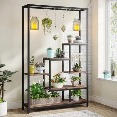 Imagen de Tribesigns Soporte para plantas de interior 5 niveles, estante grande metal 180 CM con 10 ganchos colgantes en S, multiusos macetas bonsái interiores, balcón
