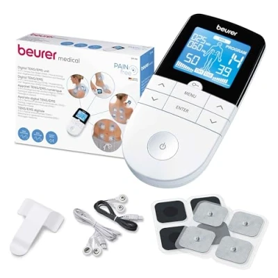 Imagen de Beurer EM 49 TENS/EMS digital, dispositivo de corriente estimulación 3 en 1 para el alivio del dolor y entrenamiento, función masaje, incluye 4 electrodos, Color Blanco